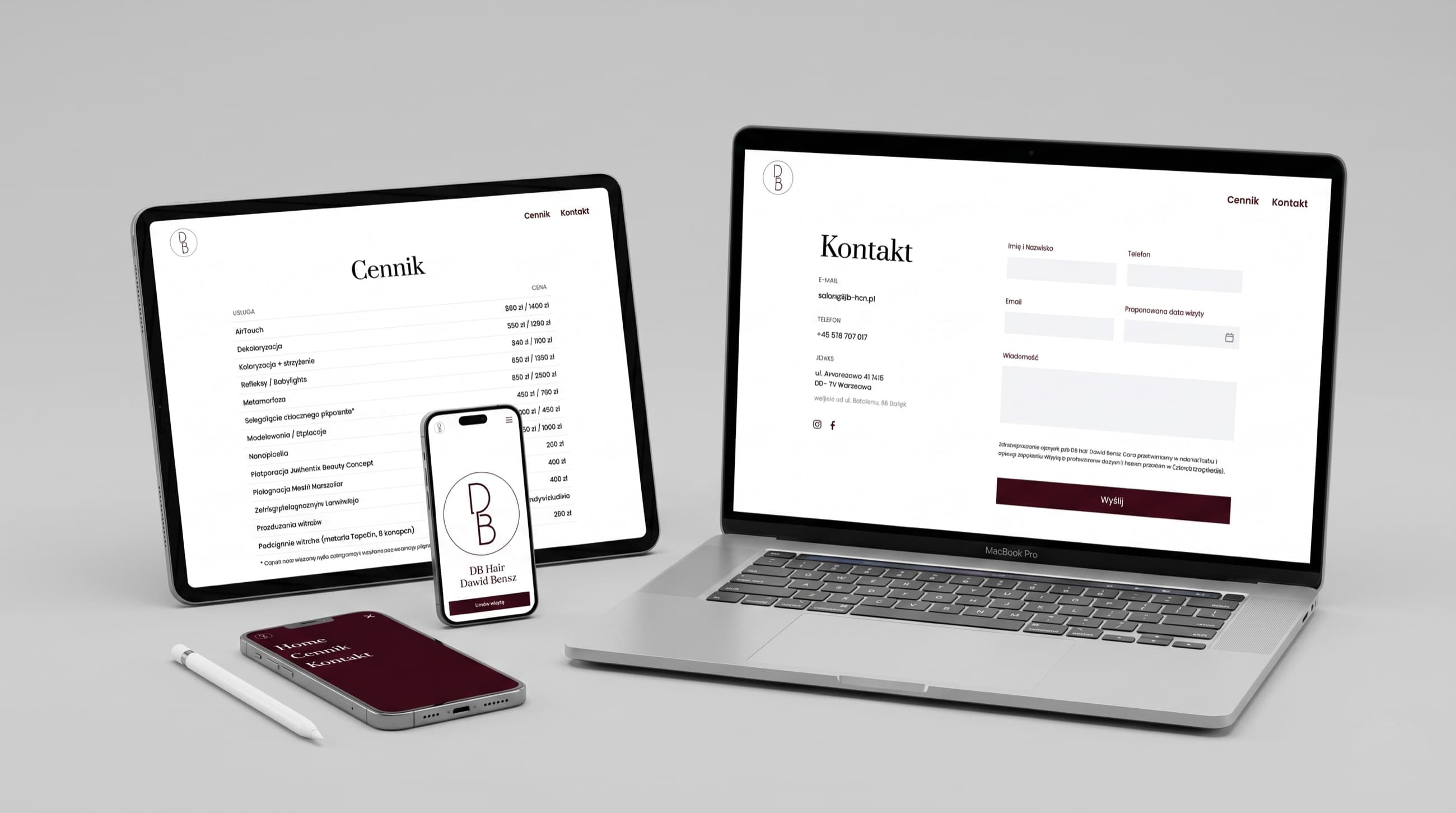 DB Hair — strona na tablecie i laptopie