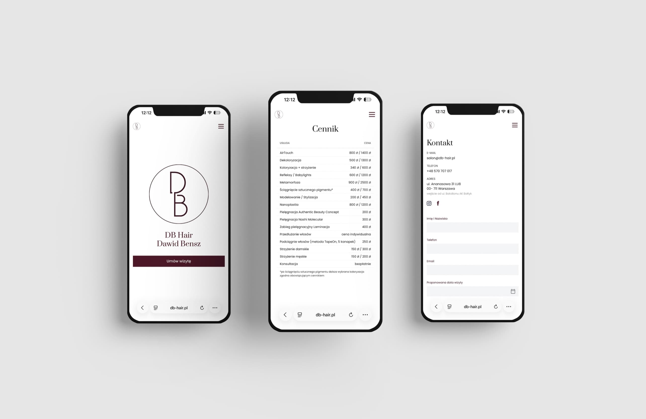 DB Hair — widoki strony na trzech telefonach